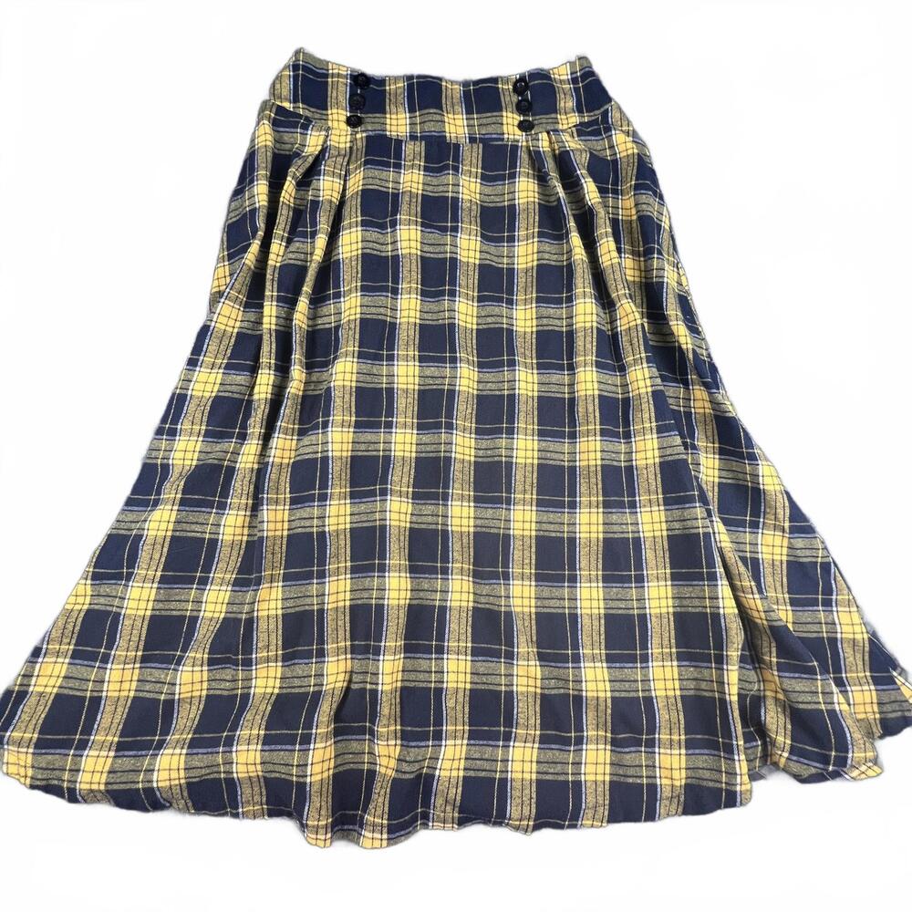 Yellow & Navy Plaid Midi Skirt | Button Detail | Size 1XL